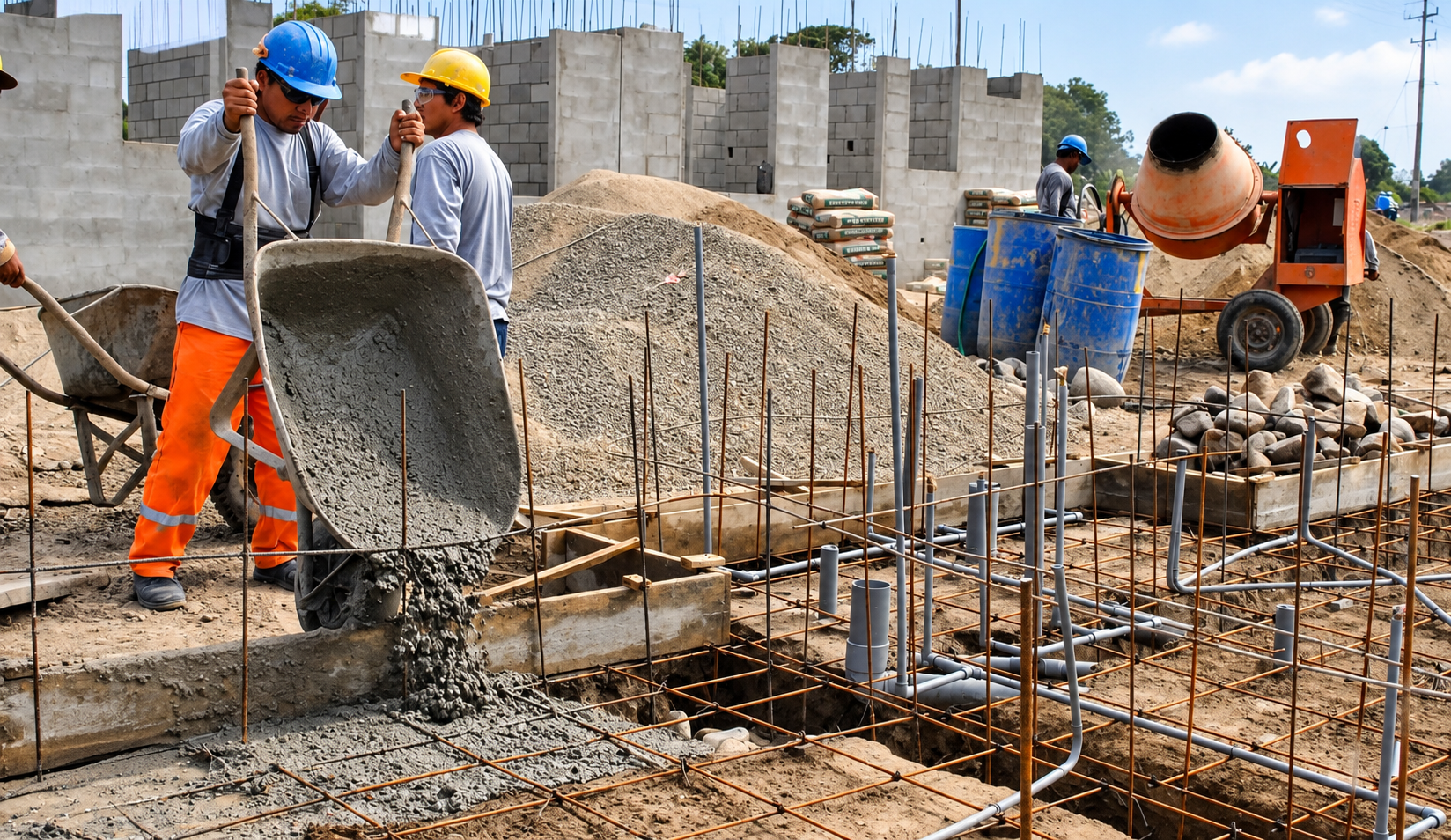 Trabajadores ejecutando obras civiles con estructuras de acero