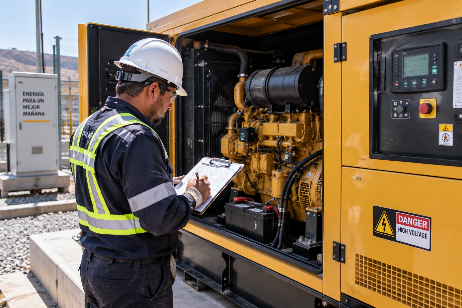 Técnico realizando mantenimiento en un generador eléctrico industrial